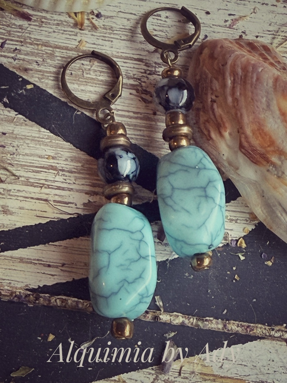 BIG ACRYLICS Turquoise BLUE , black agate and Gold Statement Earrings